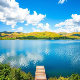 A serene landscape featuring rolling hills under a bright blue sky, dotted with fluffy white clouds