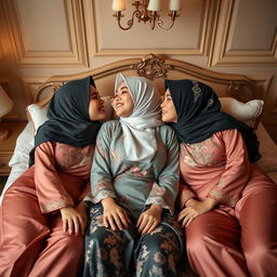 Three beautiful women wearing headscarves and sexy traditional kurung outfits, lying on a bed, kissing each other affectionately in a soft, intimate setting