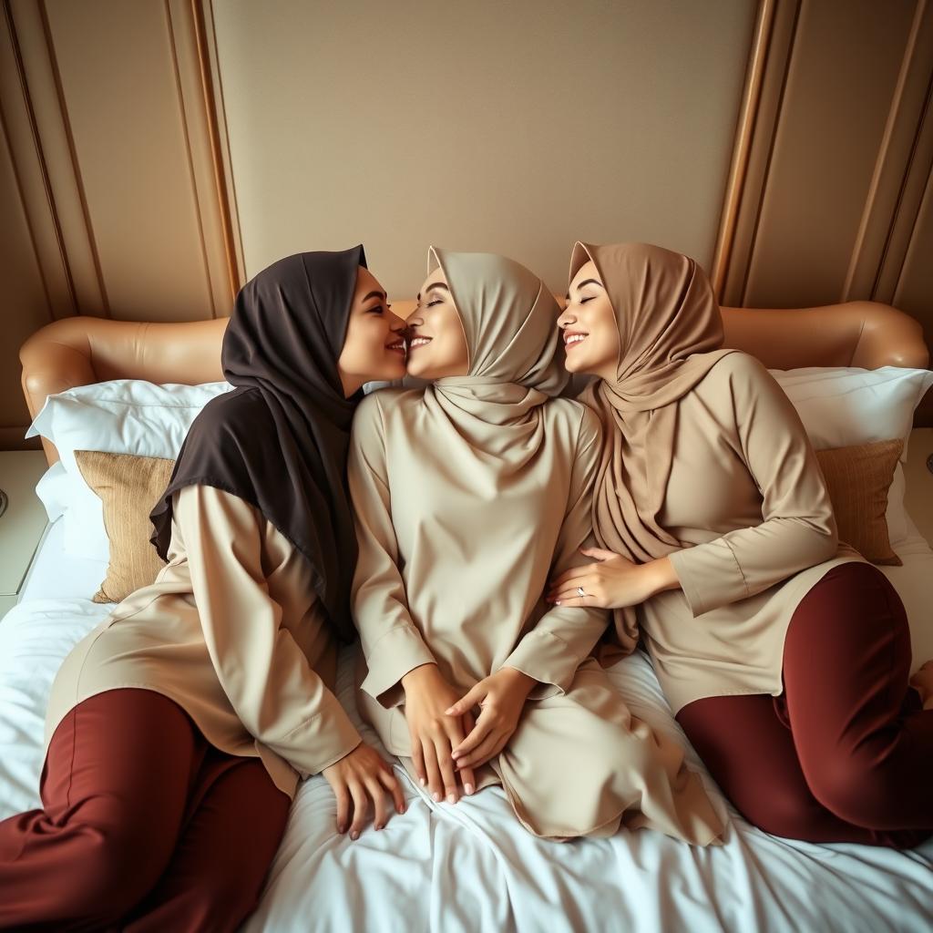 Three beautiful women wearing headscarves and sexy traditional kurung outfits, lying on a bed, kissing each other affectionately in a soft, intimate setting