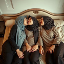 Three beautiful women wearing headscarves and sexy traditional kurung outfits, lying on a bed, kissing each other affectionately in a soft, intimate setting