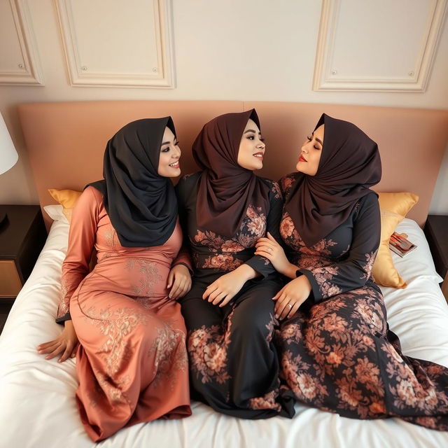 Three beautiful women wearing headscarves and sexy traditional kurung outfits, lying on a bed, kissing each other affectionately in a soft, intimate setting