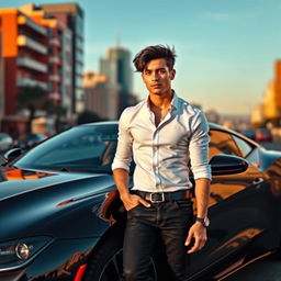 A stylish young man with tousled black hair wearing a fitted white shirt and dark jeans, confidently leaning against a sleek black sports car