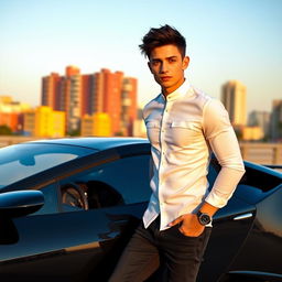 A stylish young man with tousled black hair wearing a fitted white shirt and dark jeans, confidently leaning against a sleek black sports car