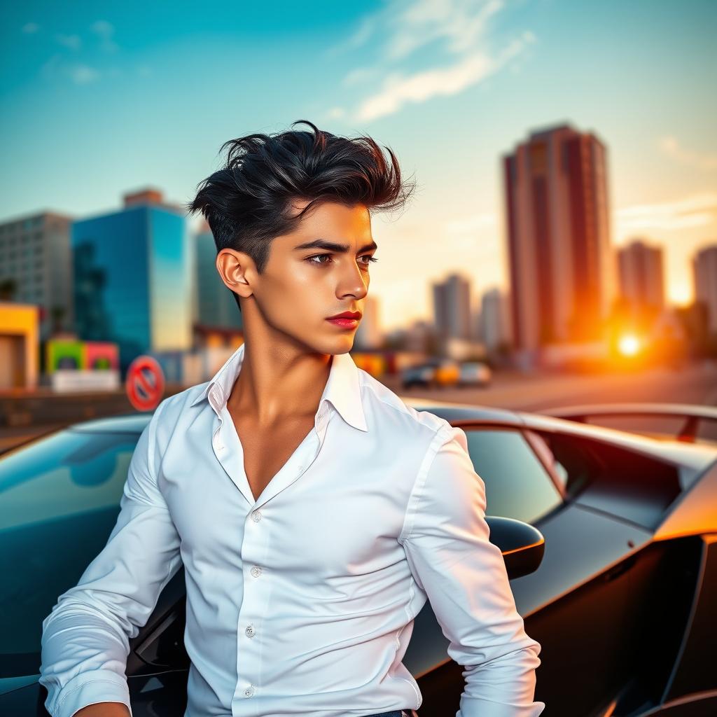 A stylish young man with tousled black hair wearing a fitted white shirt and dark jeans, confidently leaning against a sleek black sports car