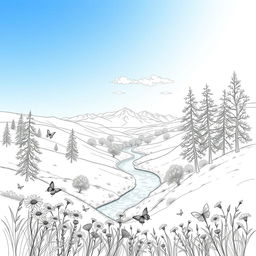 An intricate and artistic outline drawing of a serene landscape featuring rolling hills, a winding river, and tall, delicate trees