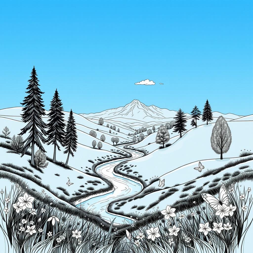 An intricate and artistic outline drawing of a serene landscape featuring rolling hills, a winding river, and tall, delicate trees