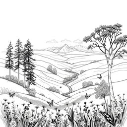 An intricate and artistic outline drawing of a serene landscape featuring rolling hills, a winding river, and tall, delicate trees
