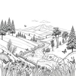 An intricate and artistic outline drawing of a serene landscape featuring rolling hills, a winding river, and tall, delicate trees