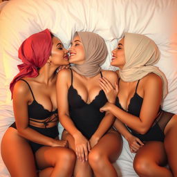 Three beautiful women wearing sexy outfits and headscarves, lying on a bed, sharing a passionate kiss while playfully caressing each other
