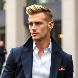 A fashionable man with a stylish haircut that perfectly complements his face shape