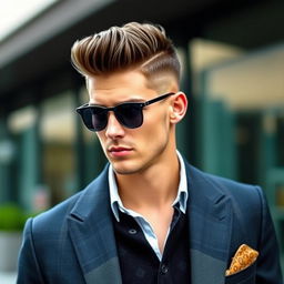 A fashionable man with a stylish haircut that perfectly complements his face shape