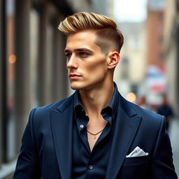 A fashionable man with a stylish haircut that perfectly complements his face shape