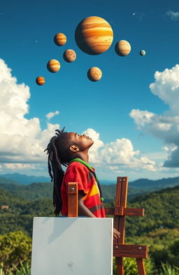 A 14-year-old Rastafarian boy with dreadlocks gazing up toward the sky, captivated by a celestial spectacle where all the planets are perfectly aligned