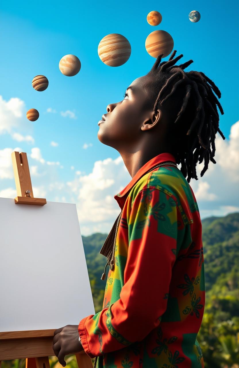 A 14-year-old Rastafarian boy with dreadlocks gazing up toward the sky, captivated by a celestial spectacle where all the planets are perfectly aligned