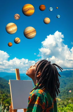 A 14-year-old Rastafarian boy with dreadlocks gazing up toward the sky, captivated by a celestial spectacle where all the planets are perfectly aligned