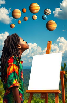 A 14-year-old Rastafarian boy with dreadlocks gazing up toward the sky, captivated by a celestial spectacle where all the planets are perfectly aligned