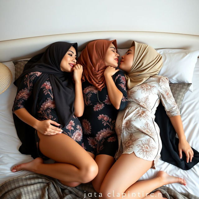 Three beautiful women wearing headscarves and sexy kebaya outfits, lying on a bed, sharing a passionate kiss while playfully caressing each other's bodies