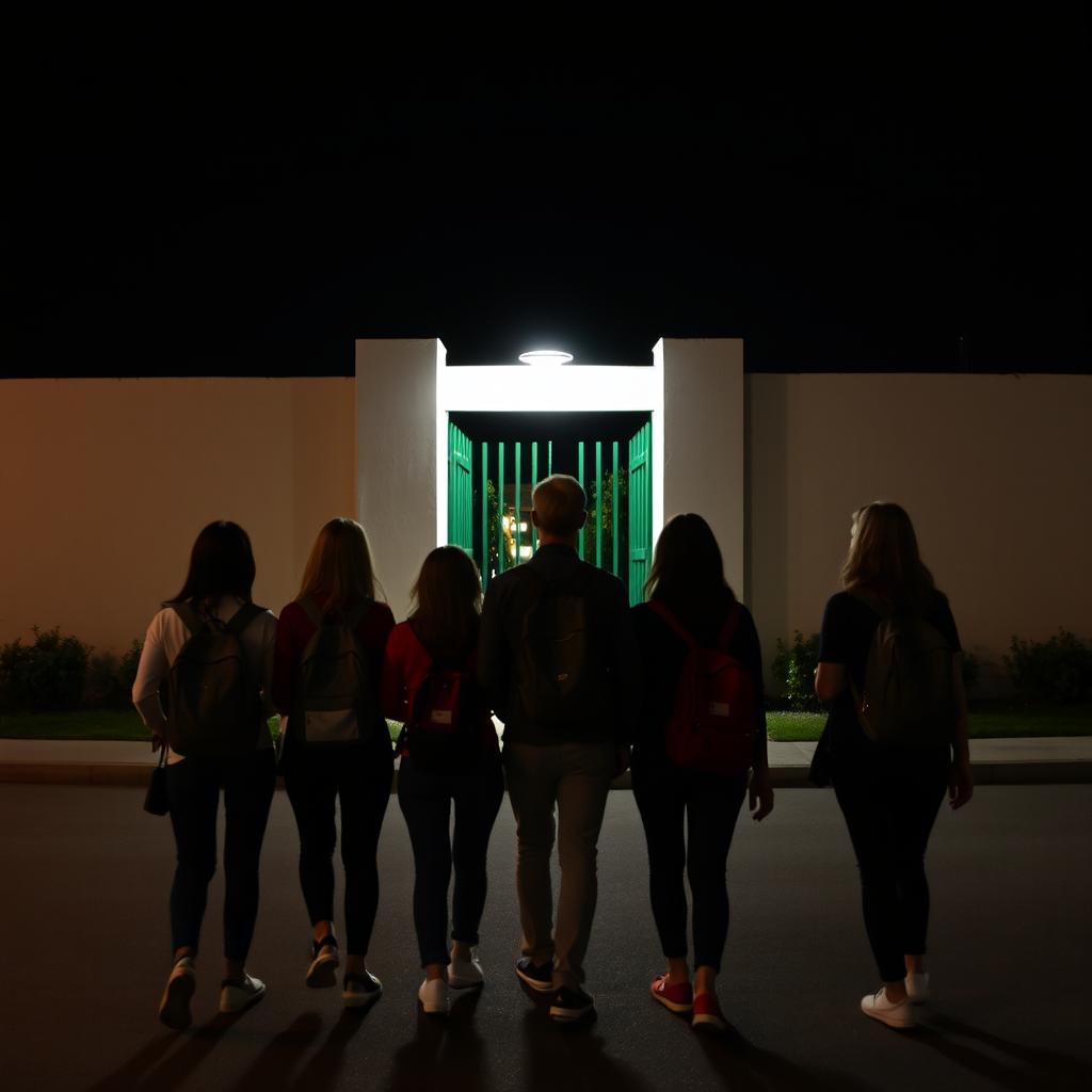 Five women and one man are walking away at night, each carrying backpacks