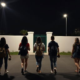 Five women and one man are walking away at night, each carrying backpacks