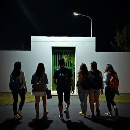 Five women and one man are walking away at night, each carrying backpacks