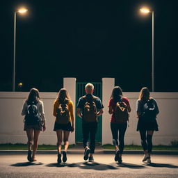 Five women and one man are walking away at night, each carrying backpacks