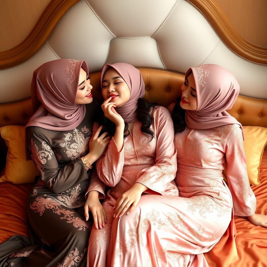 A beautiful depiction of three stunning women wearing elegant kebaya outfits, with intricately designed hijabs