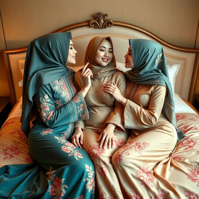 A beautiful depiction of three stunning women wearing elegant kebaya outfits, with intricately designed hijabs