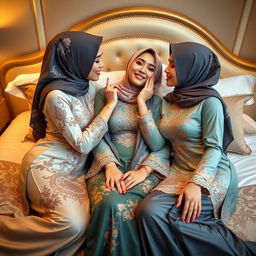 A beautiful depiction of three stunning women wearing elegant kebaya outfits, with intricately designed hijabs
