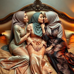 A beautiful depiction of three stunning women wearing elegant kebaya outfits, with intricately designed hijabs