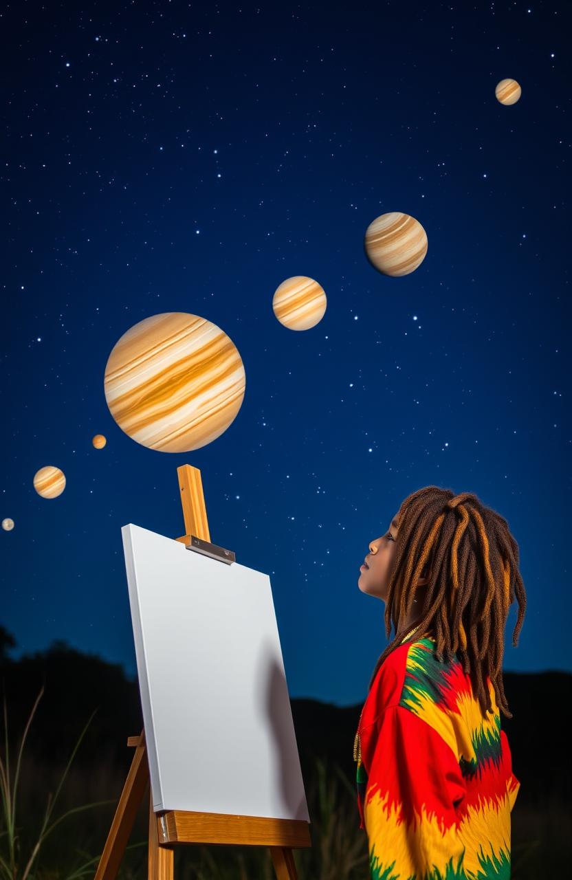 A young Rastafarian boy with vibrant dreadlocks and a colorful outfit is gazing intently at the night sky filled with bright, aligned planets
