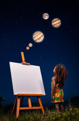A young Rastafarian boy with vibrant dreadlocks and a colorful outfit is gazing intently at the night sky filled with bright, aligned planets