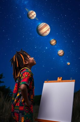 A young Rastafarian boy with vibrant dreadlocks and a colorful outfit is gazing intently at the night sky filled with bright, aligned planets