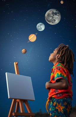 A young Rastafarian boy with vibrant dreadlocks and a colorful outfit is gazing intently at the night sky filled with bright, aligned planets