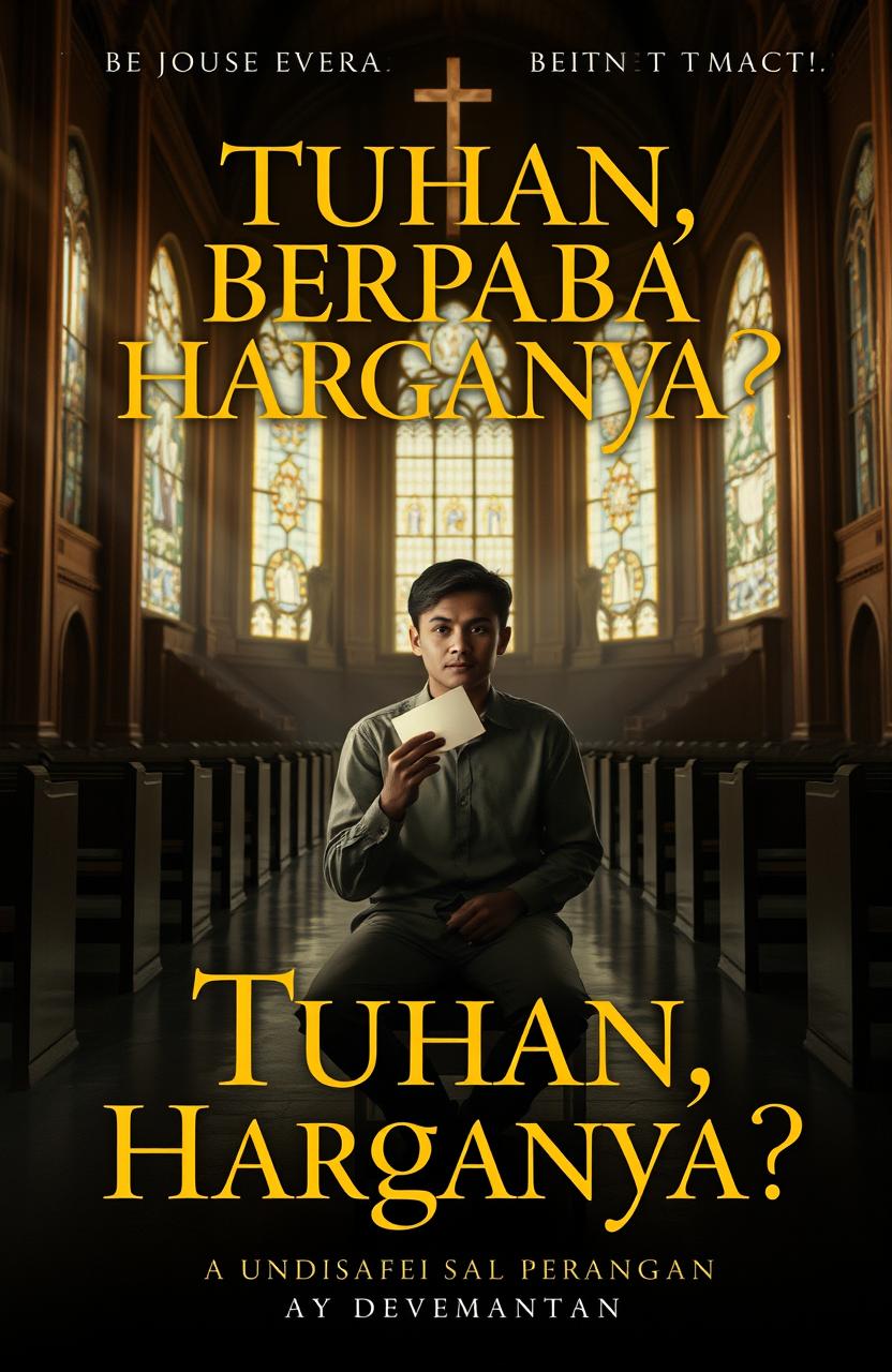 A thought-provoking book cover for a novel titled 'Tuhan, Berapa Harganya?'