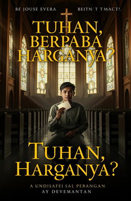 A thought-provoking book cover for a novel titled 'Tuhan, Berapa Harganya?'