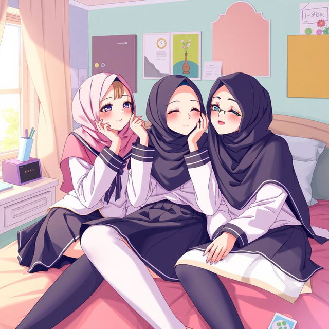 A visually captivating illustration of three beautiful high school girls wearing traditional school uniforms and elegant hijabs