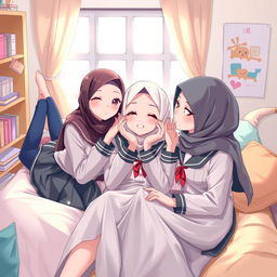 A visually captivating illustration of three beautiful high school girls wearing traditional school uniforms and elegant hijabs