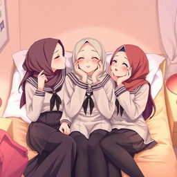 A visually captivating illustration of three beautiful high school girls wearing traditional school uniforms and elegant hijabs