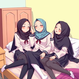 A visually captivating illustration of three beautiful high school girls wearing traditional school uniforms and elegant hijabs