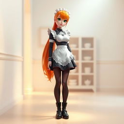 A 3D artwork of a femboy character dressed in a stylish maid outfit, featuring long, slender legs and bright orange hair
