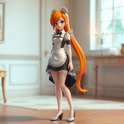 A 3D artwork of a femboy character dressed in a stylish maid outfit, featuring long, slender legs and bright orange hair