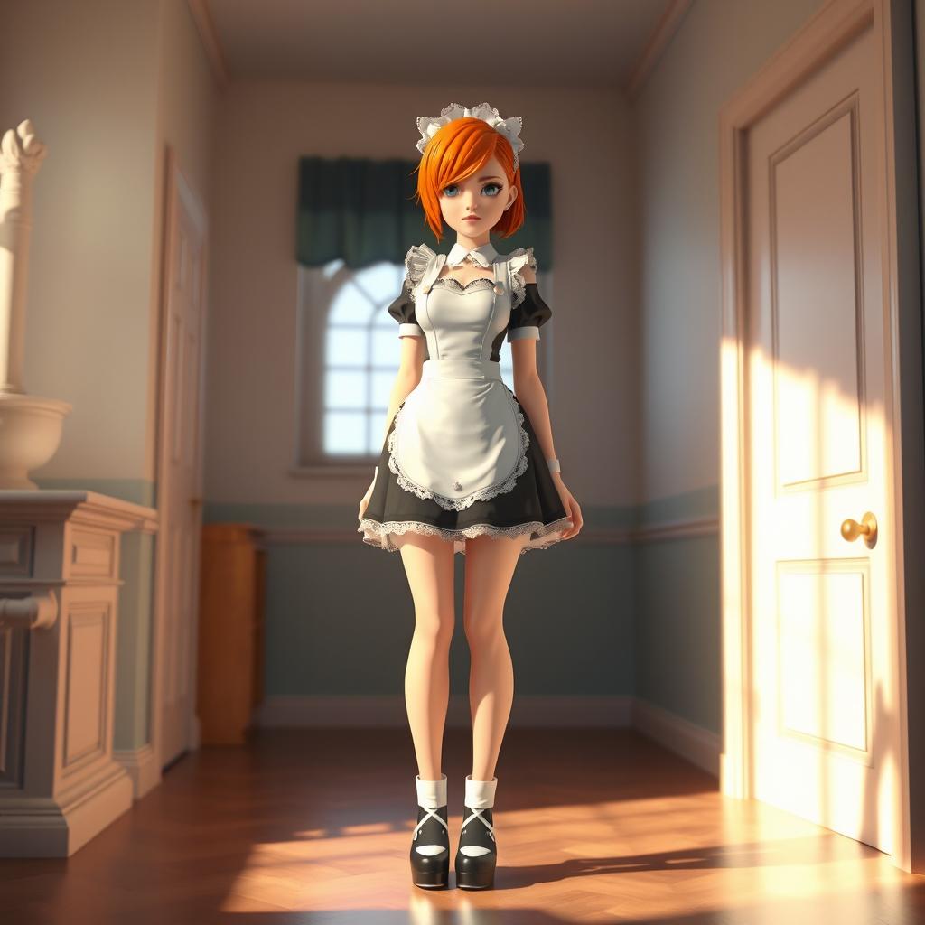 A 3D artwork of a femboy character dressed in a stylish maid outfit, featuring long, slender legs and bright orange hair