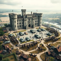 A large majestic castle surrounded by archer soldiers standing atop the battlements