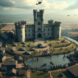 A large majestic castle surrounded by archer soldiers standing atop the battlements