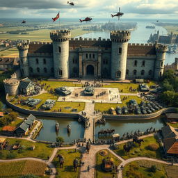 A large majestic castle surrounded by archer soldiers standing atop the battlements