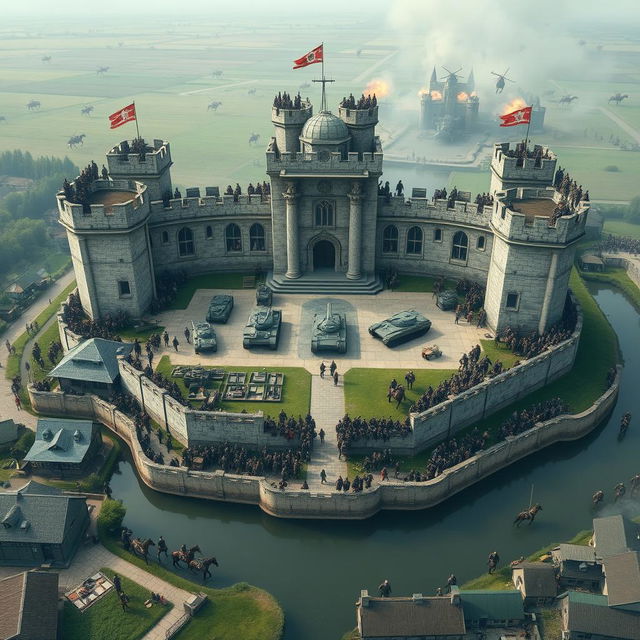 A large majestic castle surrounded by archer soldiers standing atop the battlements