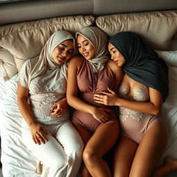 Three beautiful women wearing headscarves and tight kebaya are lying on a bed, engaging in an intimate moment as they caress each other's bodies