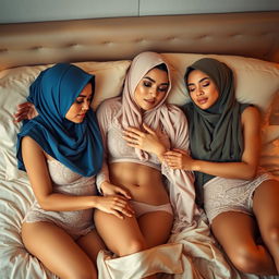 Three beautiful women wearing headscarves and tight kebaya are lying on a bed, engaging in an intimate moment as they caress each other's bodies