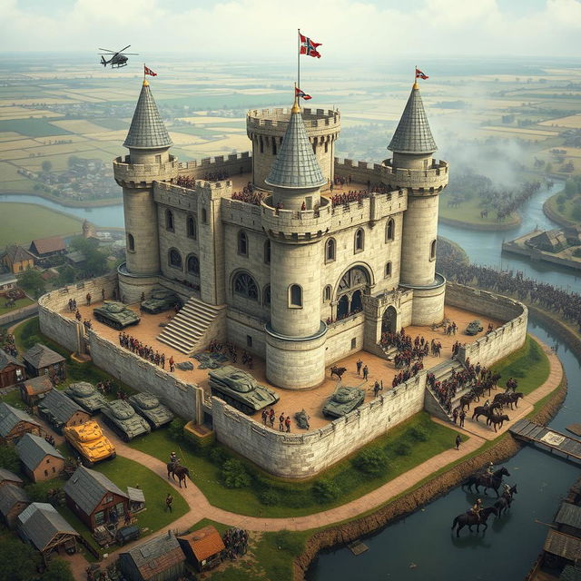 A grand castle surrounded by archer soldiers standing firmly atop its walls