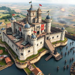A grand castle surrounded by archer soldiers standing firmly atop its walls